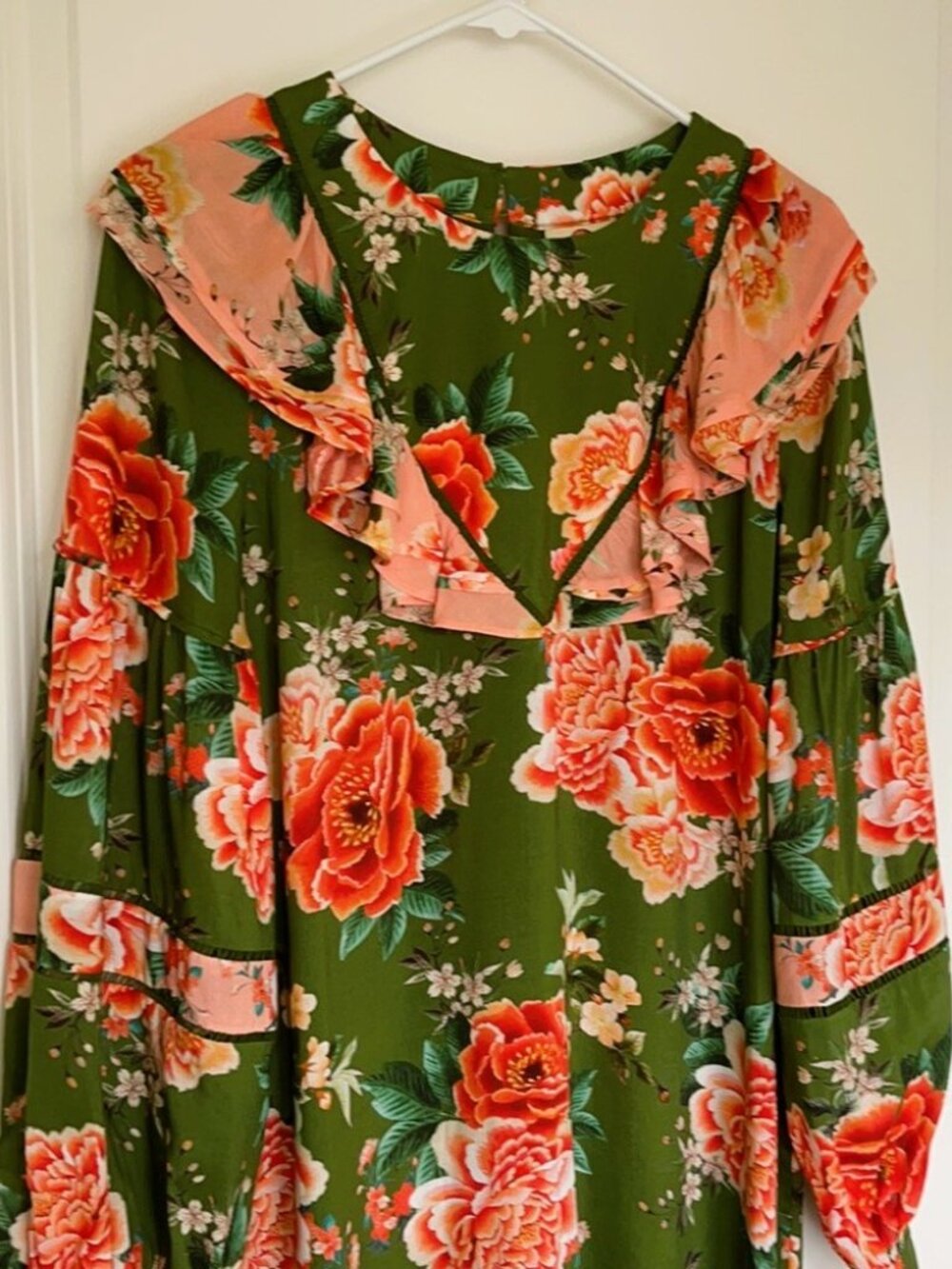 Anthropologie FARM RIO Elinor Floral Green & Peach Ruffle Colorful Tunic Dress - Picture 9 of 12